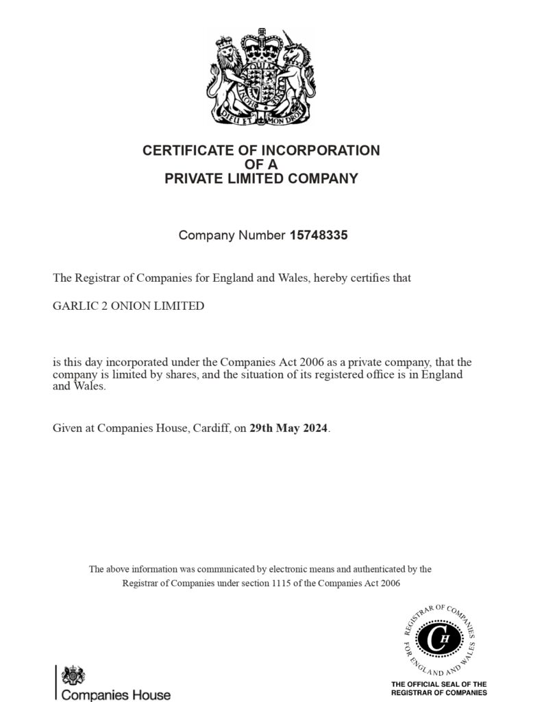 CERTIFICATE OF INCORPORATION OF A PRIVATE LIMITED COMPANY